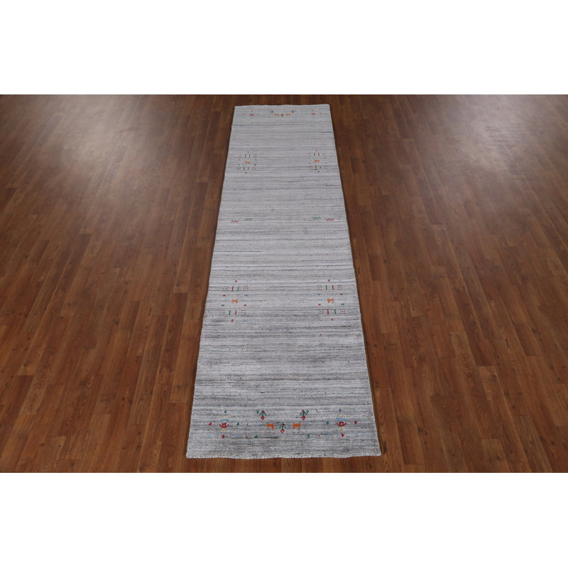 Tapis de couloir oriental gris en laine de style Gabbeh 3 x 10