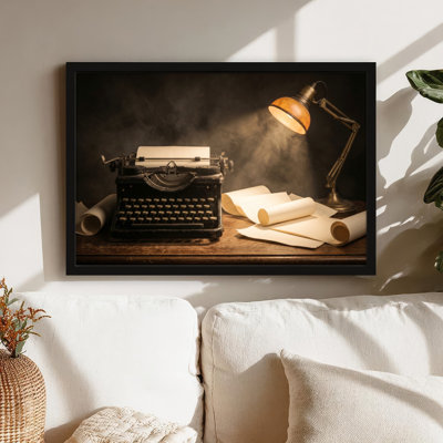 Art mural sur toile noir encadré pour le salon, la chambre à coucher, le bureau ou le vestibule - décoration murale décorative avec bureau de machine à écrire