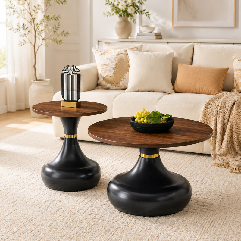 Ensemble de 2 tables gigognes à piédestal circulaire Parisian Elegance, noir et or mat
