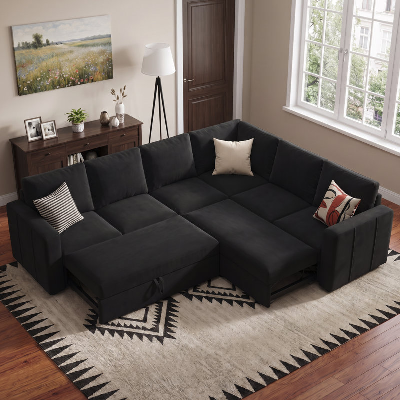 L-Shaped Modular Sleeper Sectional, Velvet - Black