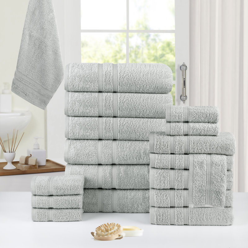 Ensemble de serviettes en coton 18 pièces Bibb Home Zero Twist (9 couleurs disponibles), Argent