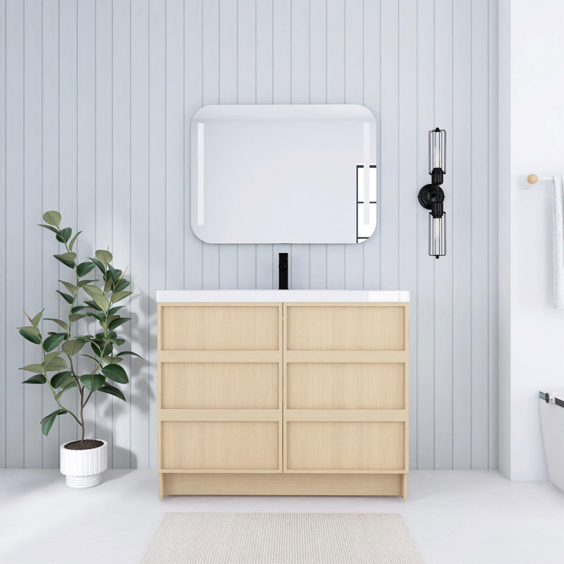 Meuble-lavabo autoportant de 42 po avec lavabo en résine et portes à fermeture en douceur, chêne Dune, 42"