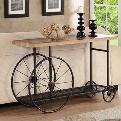 Table rectangulaire en chêne et gris antique soutenue par des roues en métal, tablette inférieure pour le rangement dans l'espace de vie, longueur de 48,5 pouces avec espace principal de présentation, hauteur de 30,5