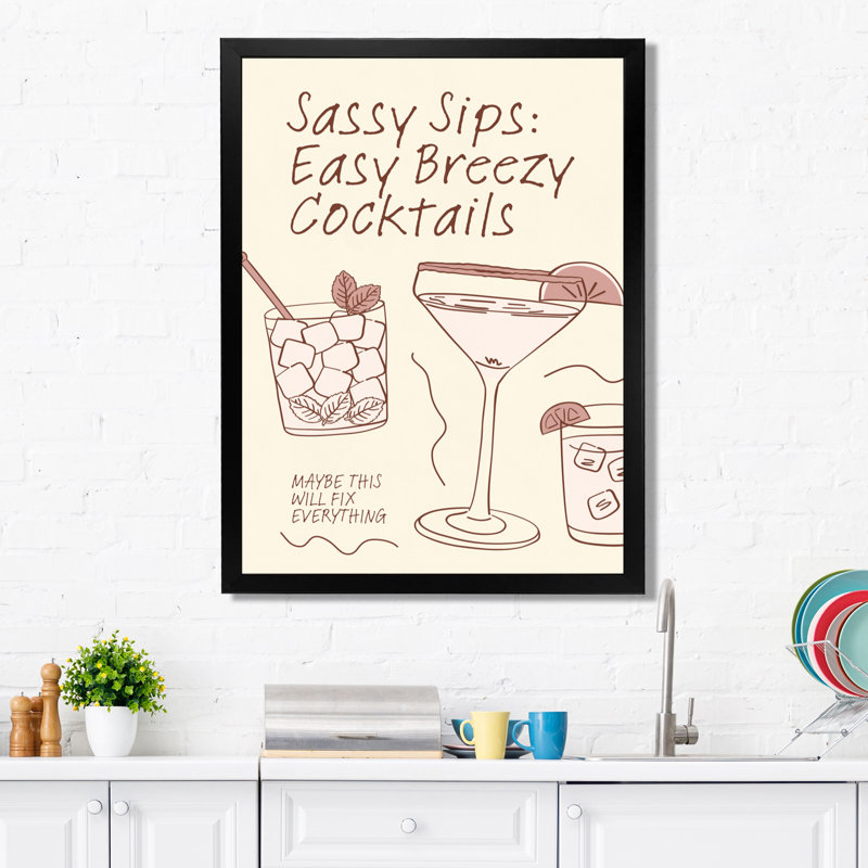 Sassy Sips: Easy Breezy Cocktail - Décoration murale cocktails, Toile encadrée noire simple, H 32 po x l 24 po x P 1 po