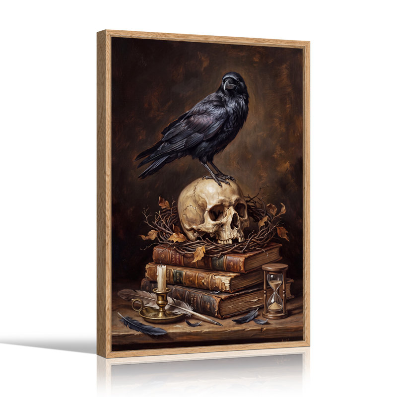 Toile noire d'Halloween perchée sur un crâne et des livres, 48"H x 32"W