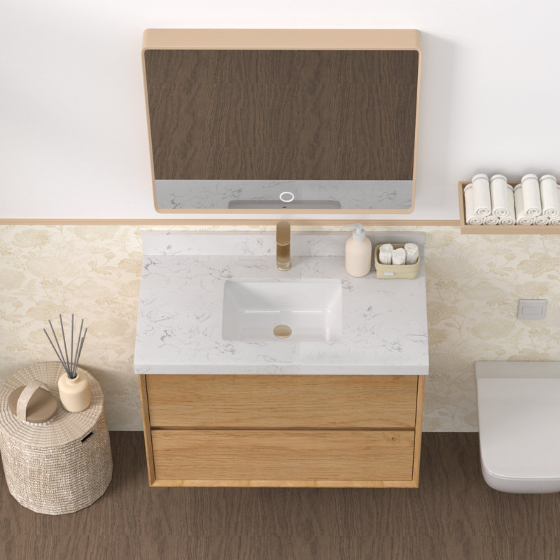 Meuble-lavabo flottant mural 36 po avec comptoir en pierre d'ingénierie blanche Calacatta et lavabo en céramique, 36"