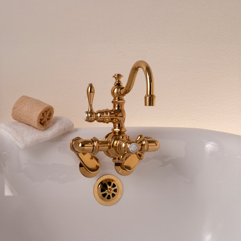 Thermostatic Wall Mount Tub Faucet Arched Spout by Strom Living, Supercoat Brass