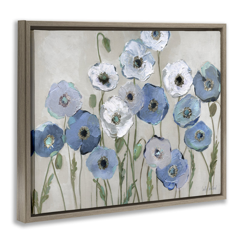  «Round Blue Poppies» par Sally Swatland, H 25 po x l 31 po, Cadre flottant orme Montalcino