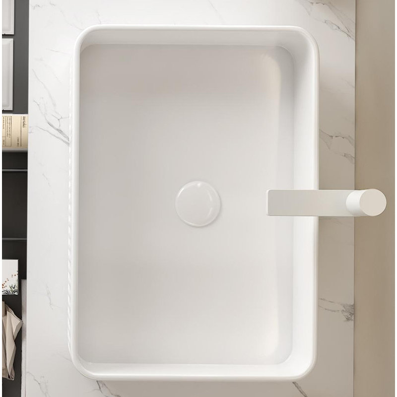 20-Inch Rectangular Striped Vessel Ceramic Bathroom Sink - Faucet & Cabinet Not Included., White