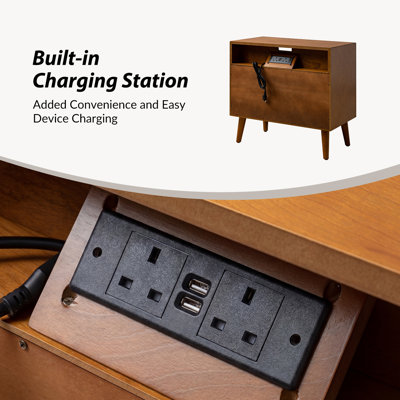Aviannah Mid-Century Modern 2 - Drawer Nightstand With Built-In Charging Station And Legs And Open Shelf Set Of 2