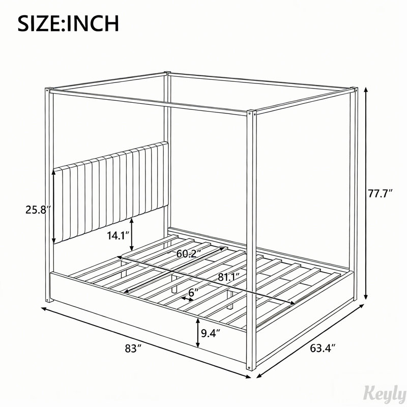 Lit à baldaquin avec tête de lit tapissier et structure en métal durable, parfait pour les chambres élégantes, Noir blanc