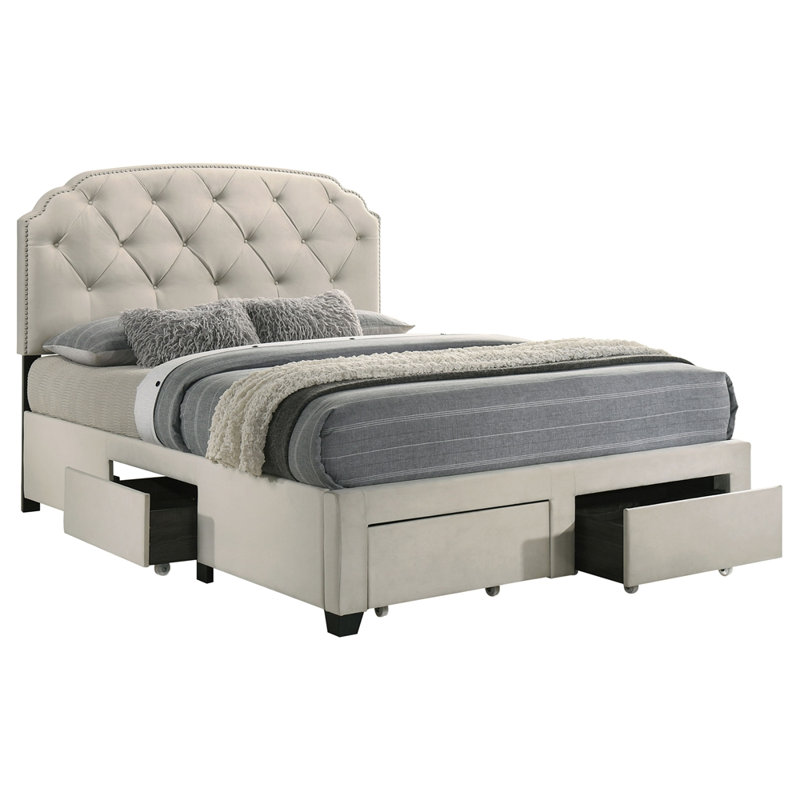 Grand lit de rangement tapissier crème à 4 tiroirs