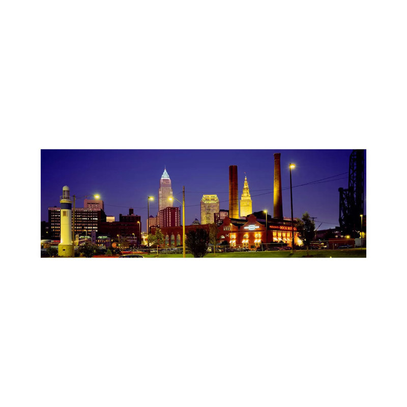 Buildings Lit Up At Night, Cleveland, Ohio, USA - Wrapped Canvas Panoramic Print, 152.4 cm H x 50.8 cm W x 3.175 cm D