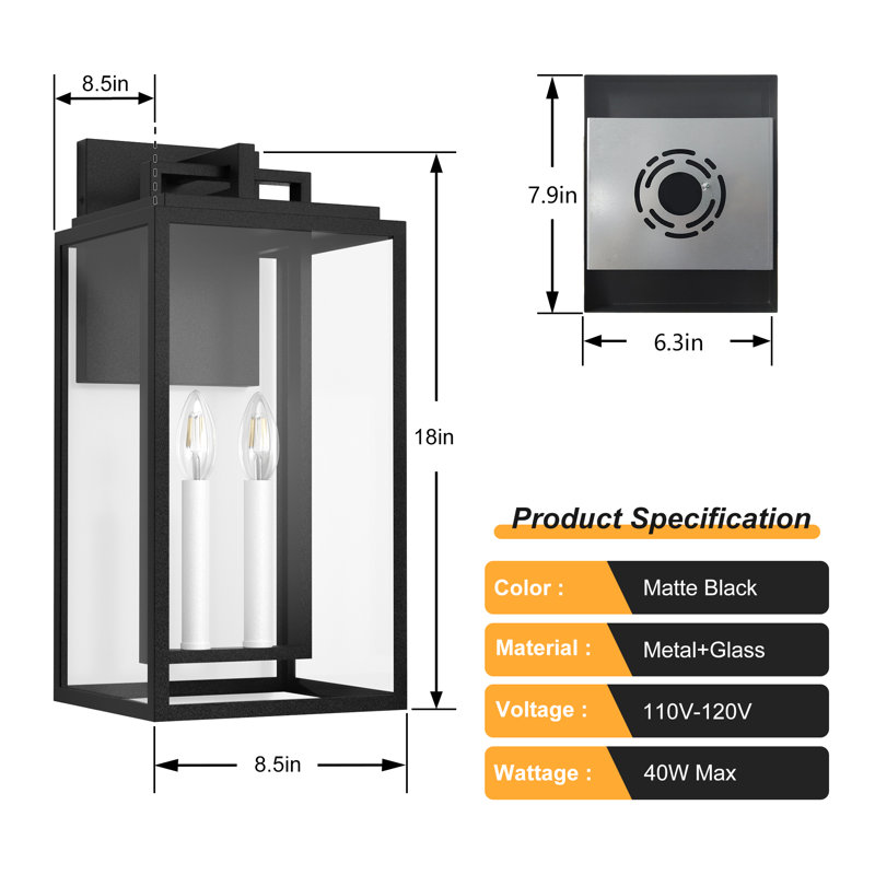 2 - Light 18'' H Black and White E12 Base Outdoor Wall Light with Clear Tempered Glass, 18" H x 8.5" W x 8.5" D