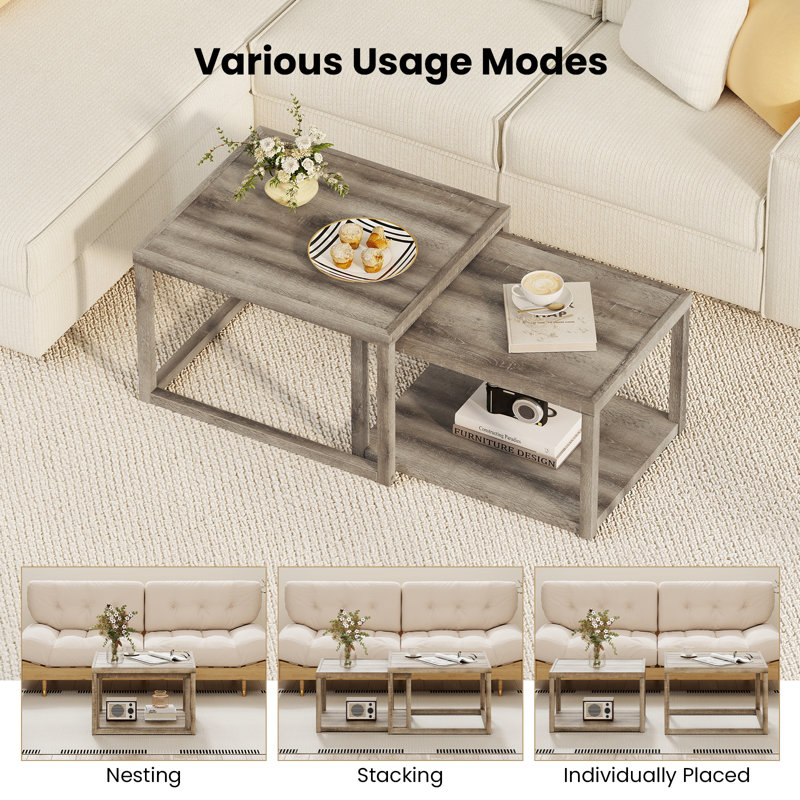Ensemble de 2 tables basses gigognes empilables avec tablette de rangement