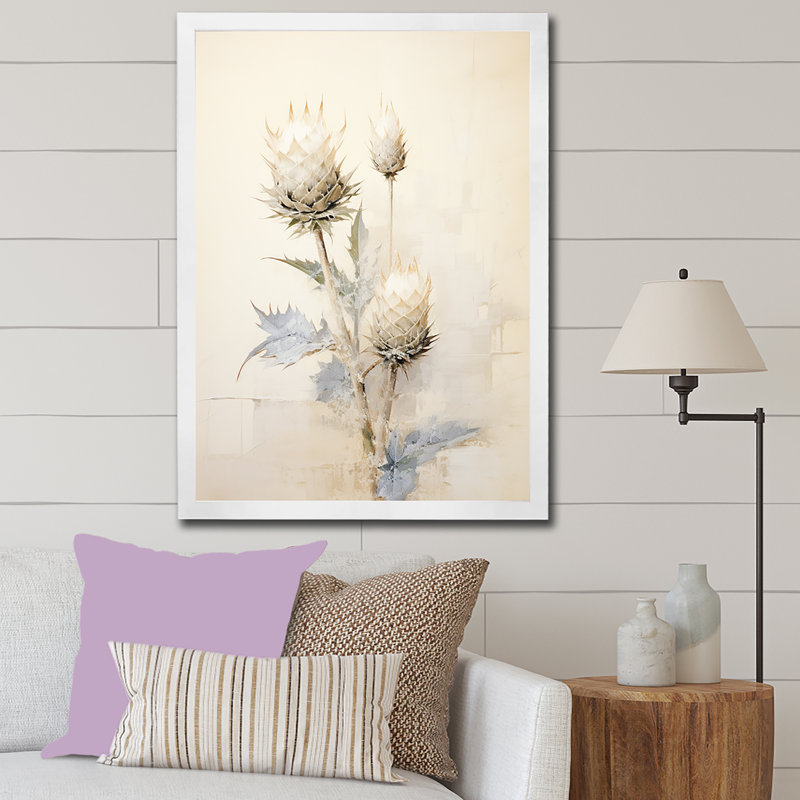 Fleur de chardon beige discret II - Thistle Wall Art Living Room, H 44 po x l 34 po, Cadre simple blanc