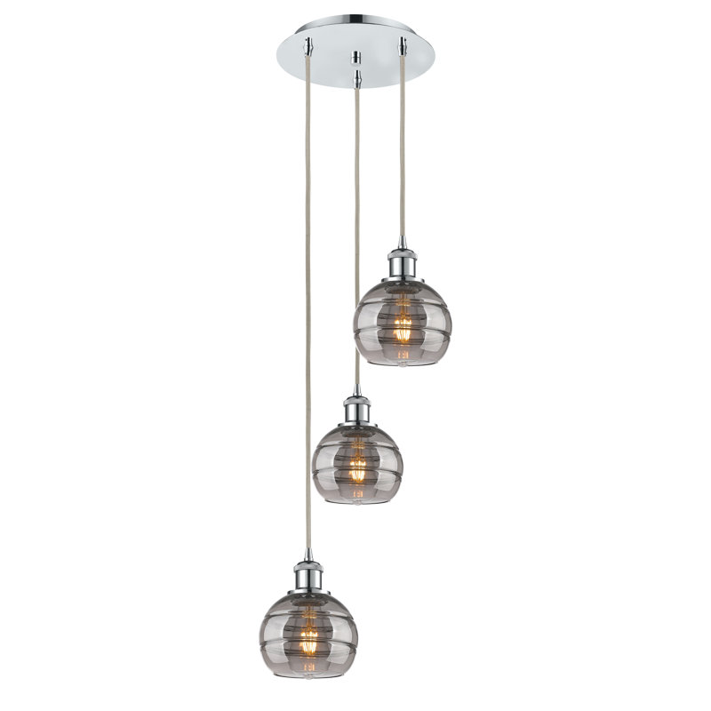 Luminaire suspendu en grappe à 3 lumières Chartoff, H 24,38 po x l 12,38 po x P 12,38 po, Gris fumée clair, Chrome poli