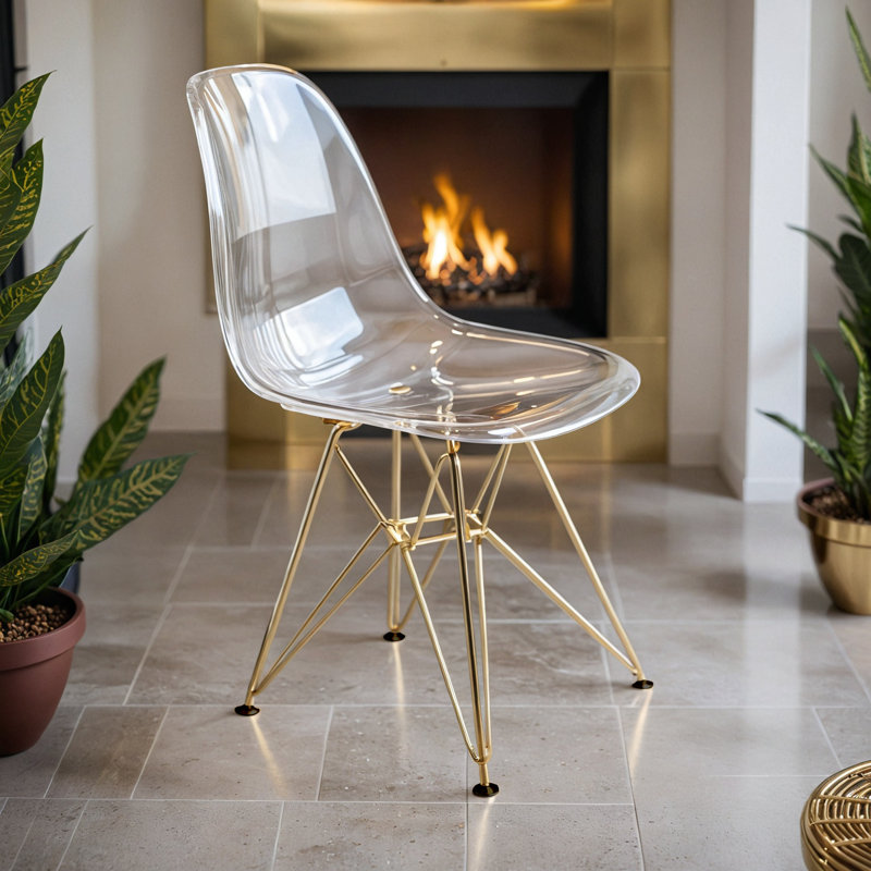 Bagimont Modern Plastic Dining Side Chair with Gold Eiffel Base, Clear