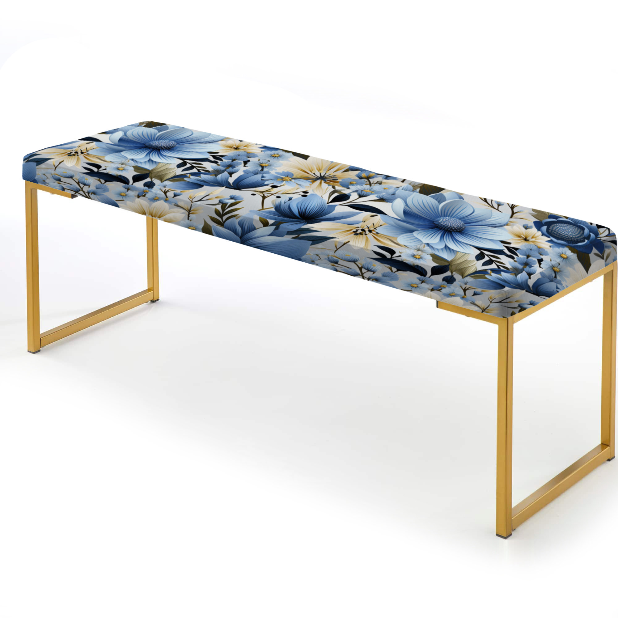 Design Art Blue Meadow Floral Pattern - Floral Upholstered Gold Bench ...