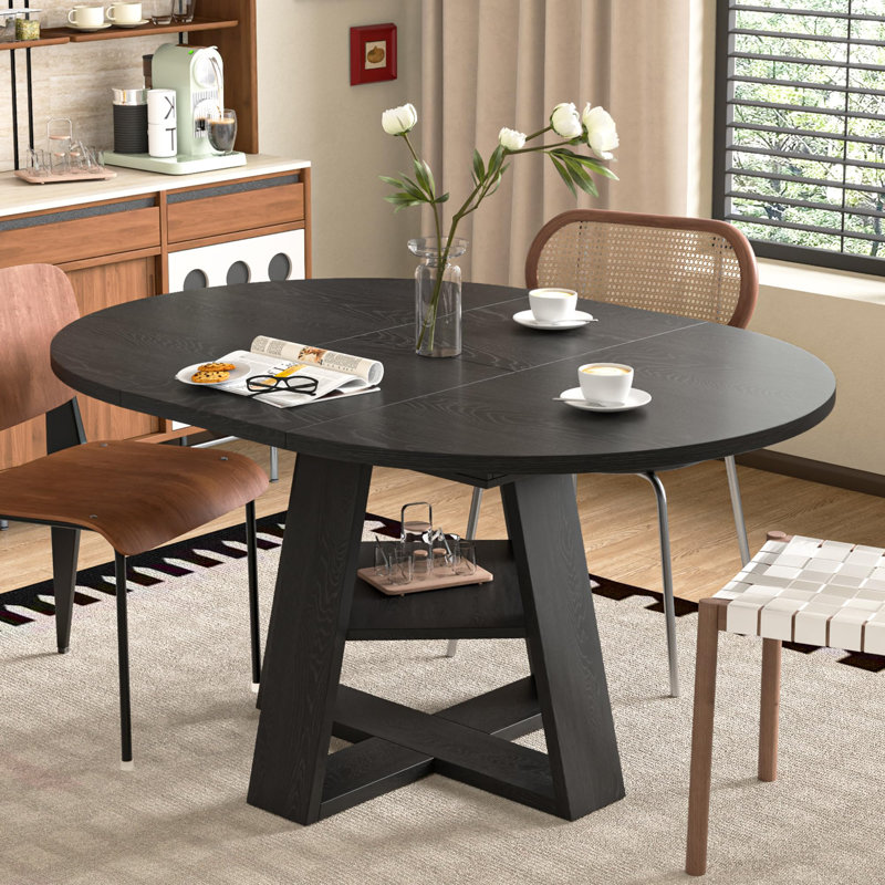 Table de salle à manger extensible ronde 43,3 "à 59" pour 4-8 personnes avec tablette de rangement, Noir