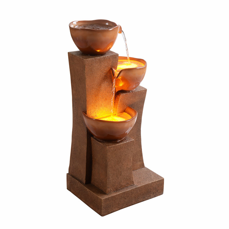 Jeany 28.54" Outdoor Water Fountain with LED Lights, Brown