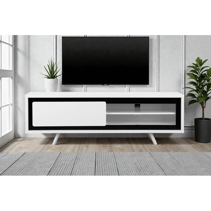 Pangea Home Hal TV Stand - 59" Long TV Stand – Modern Media Console with Drawer, Open Shelves & Built-In Cable Management - Black White TV Stand
