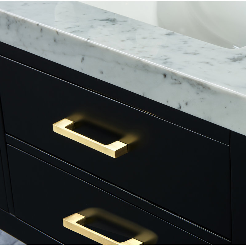 Elizabeth 60'' W Double Vanity, Black Onyx/Brushed Gold, Carrara White Marble