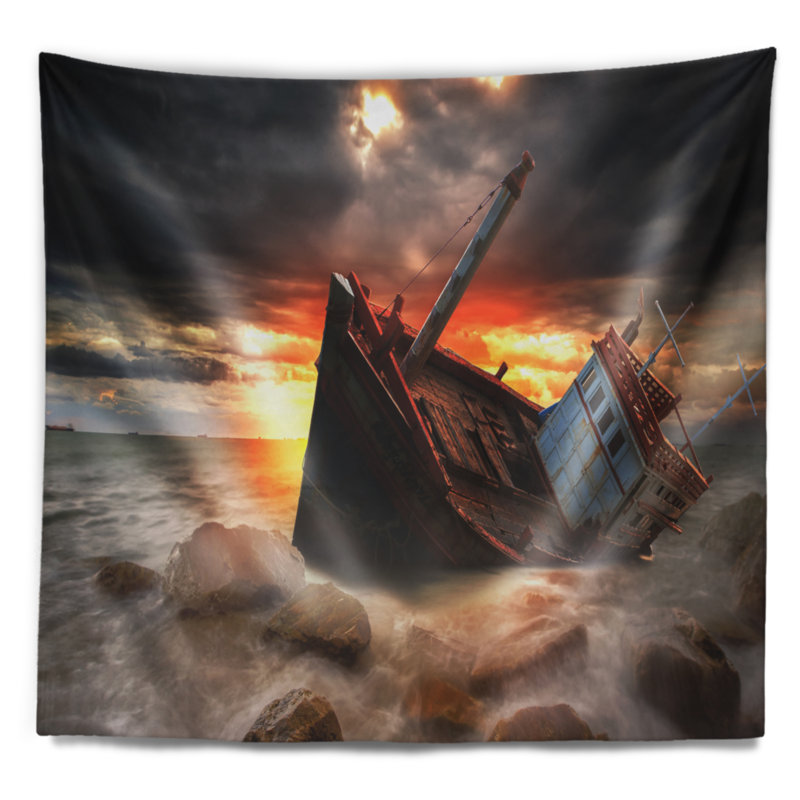 Photographie de paysage bateau de pêche tapisserie tapissée, H 32 po x l 39 po