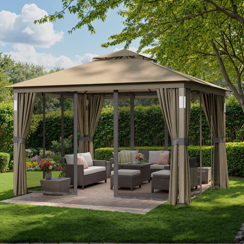 10 Ft. W x 12 Ft. D Double-Top Soft Patio Gazebo, Vented Double Roof with LED Lights, Bluetooth & Netting