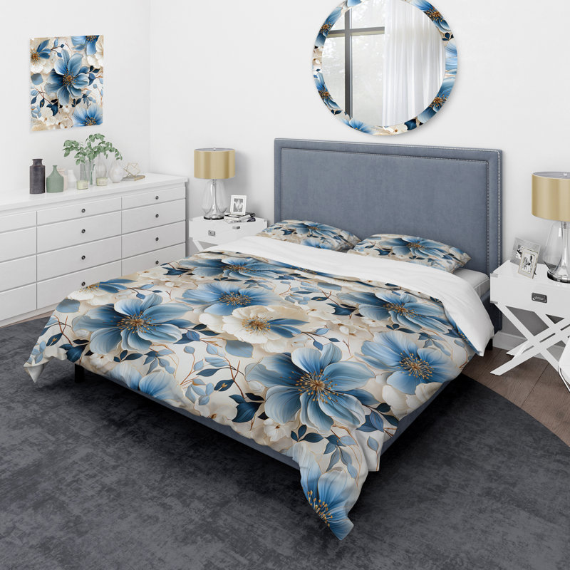 Ensemble de housse de couette à motif floral bleu rétro Romance, Housse de couette simple + 1 taie décorative stan