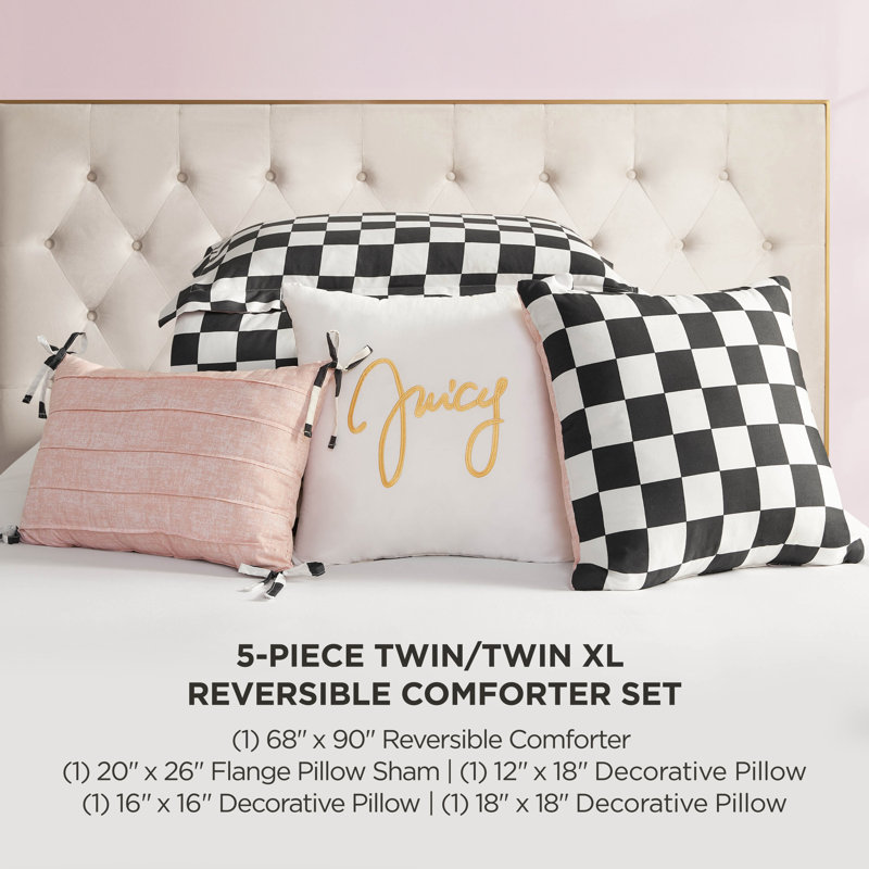 Juicy Couture Checkerboard Comforter Sets, Twin Extra Long Comforter + 4 Additional Pieces, Black/White