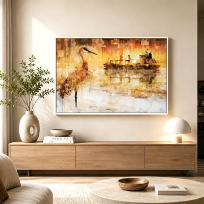 "Sandhill Crane Water Ship Fiery Sunset", art mural sur toile avec cadre flottant