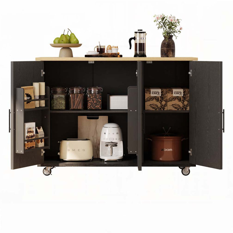 Îlot de cuisine Farmhouse avec abattant, support de rangement, Noir