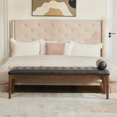 Banc capitonné à boutons avec appui-tête, pieds en bois d'hévéa et surface en cuir nano pour le rangement du lit, de la fenêtre, de la chambre à coucher, du salon, du couloir et du vestibule