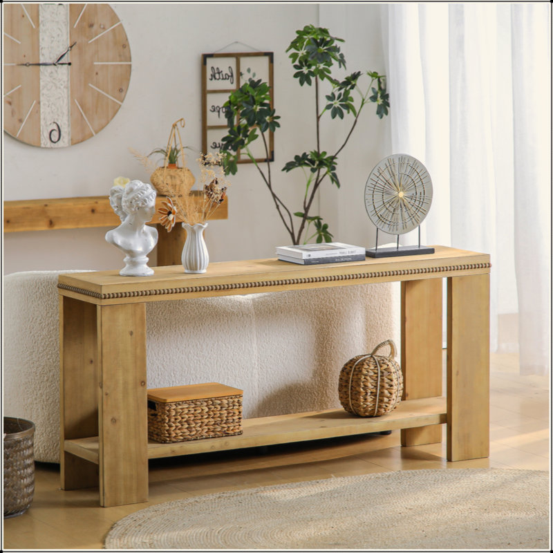 Console 63 po avec tablette de rangement - table de ferme rustique avec garniture perlée, table d'entrée étroite à 2 niveaux pour le couloir, le vestibule ou derrière le canapé