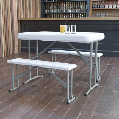 Teague 3 Piece Portable Plastic Folding Bench and Table Set