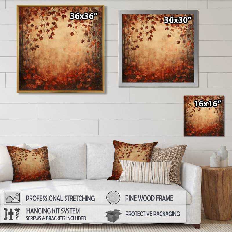 Red Falling Oak Leaves I - feuilles, art mural sur toile, H 16 po x l 16 po, Reproduction encadrée d'une seule photo