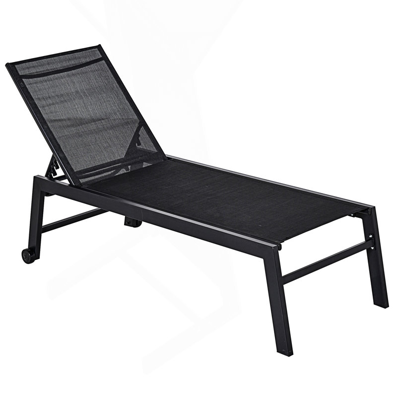 Outdoor Lounge Chair, Patio Lounger With 5-Position Reclining Backrest And 2 Wheels, Pool Lounge Chairs, Black