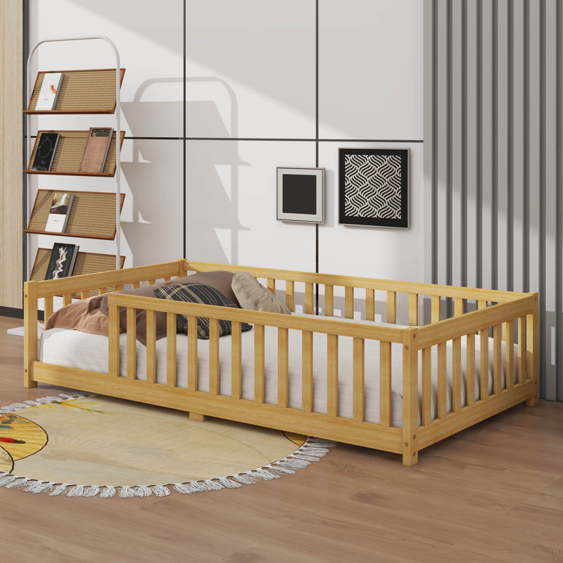 Twin Size  Low-To-The-Ground Twin-Size Floor Bed With Fence, No Door, Natural