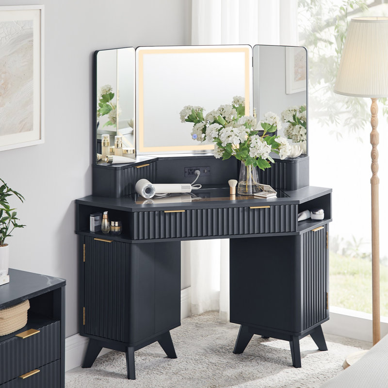 47.3" W Fluted Corner Makeup Vanity, Dark Gray