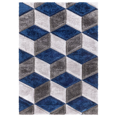Shaggy Rug Blue Large Living Room Carpet & Extra Long Hallway Runner Modern Geometric Non Slip Bedroom Area Rug