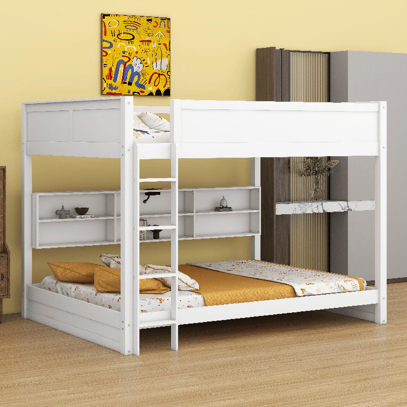 Queen Over Queen Bunk Bed With Storage Cabinets,USB Ports And Built-In Shelves, White