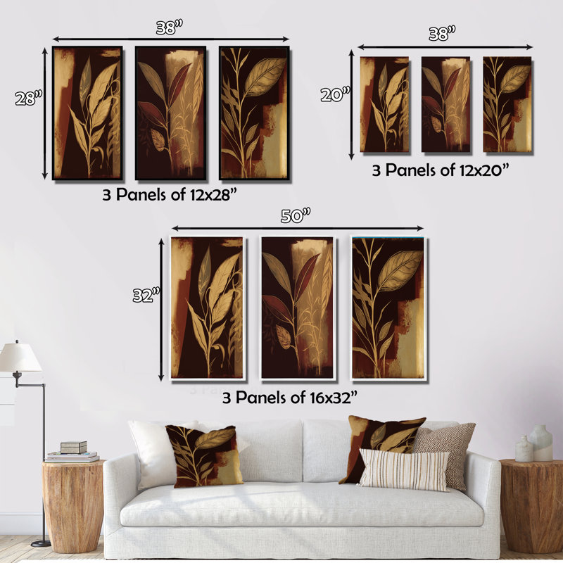 «Terra Cotta Chocolate Leaves», 3 pièces sur toile, Cadre flottant noir, H 28 po x l 36 po