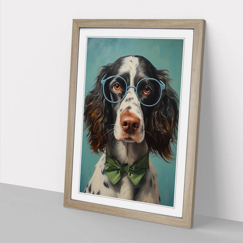 English Springer Spaniel With Glasses - Single Picture Frame Print on Wood, 46cm H x 34cm W x 2cm D, Oak