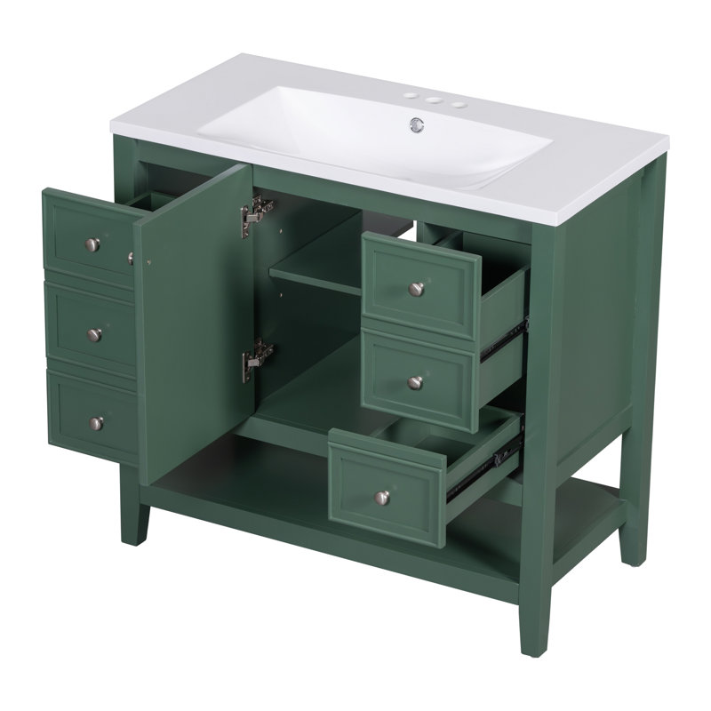 Meuble-lavabo 36 po avec lavabo, une armoire et trois tiroirs, bois massif et panneau de fibres à densité moyenne, vert, Vert