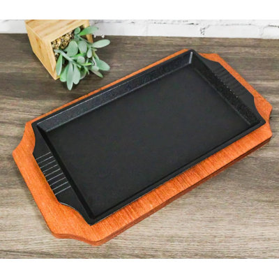 Personal Size Cast Iron Rectangular Fajita Steak Pan Skillet With Wood Trivet