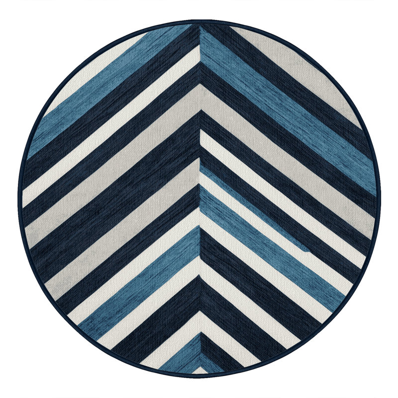  Tapis lavable rayé bleu acier et blanc, Rond 7 pi