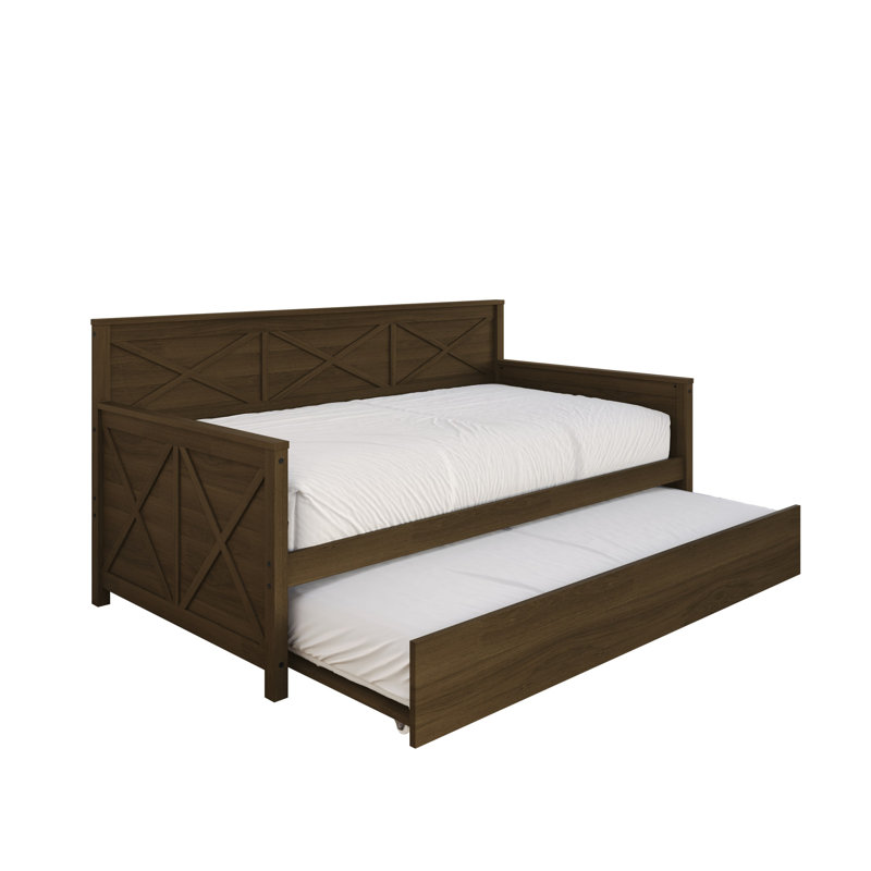 Lit de jour simple en bois massif avec couchette coulissante McDougal, Brun
