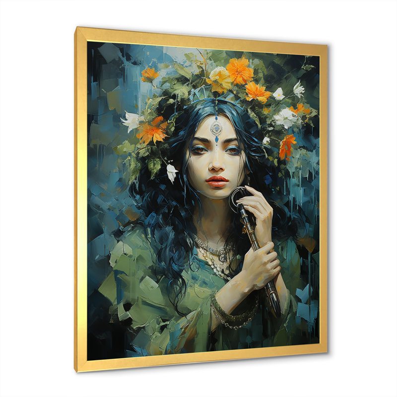 «Hinduism Krishna Flute God», reproduction d'art sur toile, Cadre doré simple, H 32 po x l 16 po x P 1 po