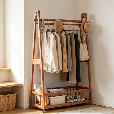 Solid Wood Garment Rack with Lockable Wheels, Freestanding Clothes Rack with Double Hanging Rods and Bottom Storage Basket, Multi-Hook Coat Stand for Bedroom Closet Entryway, Natural Wood
